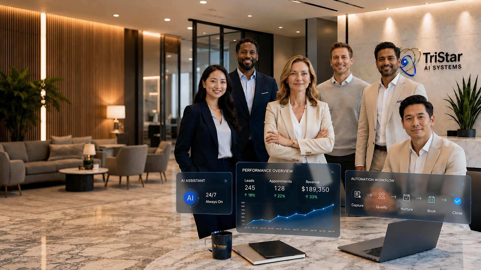 TriStar AI Systems leadership team with AI performance and workflow dashboards